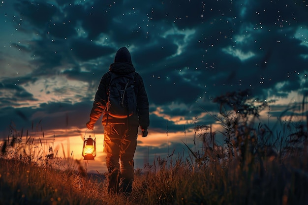 Caminhada noturna com lâmpada de querosene viagem de fé e espiritualidade