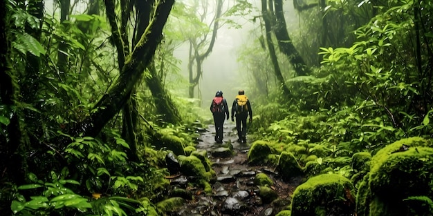 Caminhadas através de uma densa floresta tropical com árvores altas e um coro de vida selvagem exótica