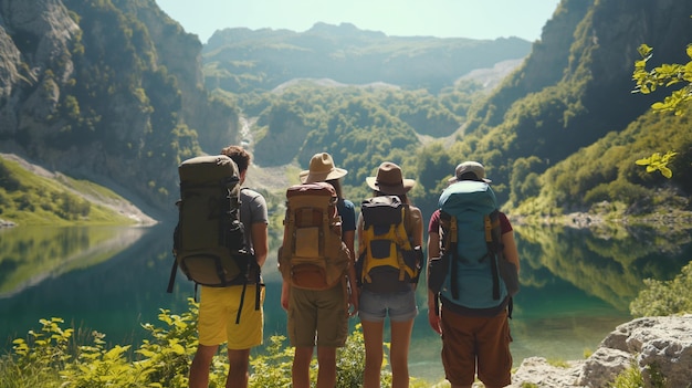 Foto caminhadas de montanha de verão grupo de caminhantes que fazem uma pausa na viagem