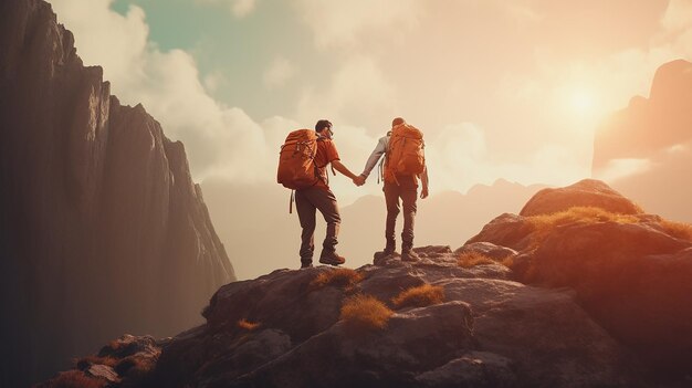 Foto caminhadas em dupla um ajudando o outro a subir