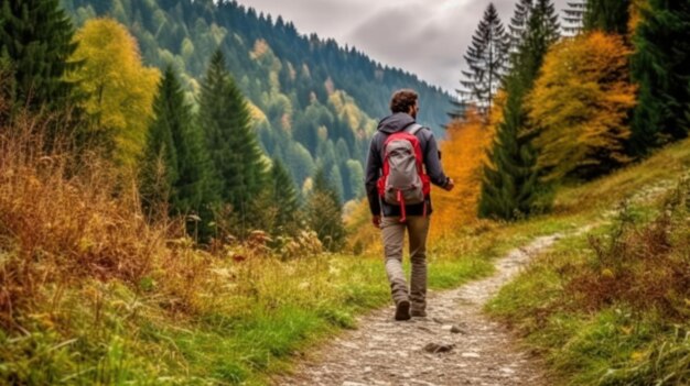 Foto caminhadas na natureza e amigos mais velhos felizes a conversar e rir de piadas cômicas na floresta.