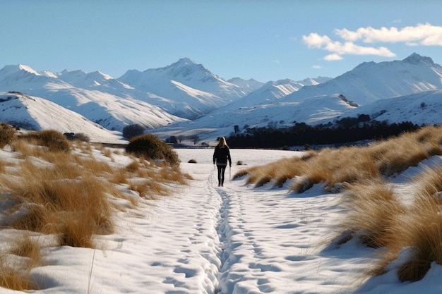 Caminhadas na neve e viagens com mulheres nas montanhas para explorar o ambiente e a paisagem