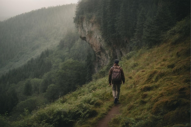 Caminhadas nas montanhas Um homem com uma mochila caminha pelo caminho