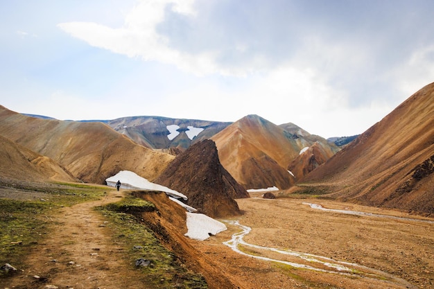 Caminhadas nas terras altas com neve, musgo vulcânico verde, montanha colorida, Landmannalaugar, Islândia