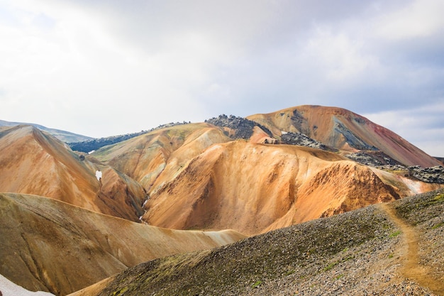 Caminhadas nas terras altas com neve, musgo vulcânico verde, montanha colorida, Landmannalaugar, Islândia