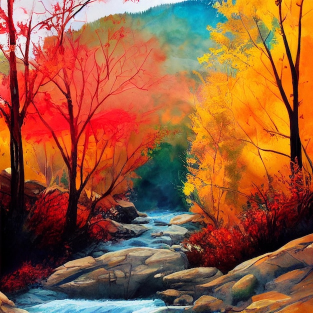 Caminhadas no desenho de aquarela de montanhas de outono