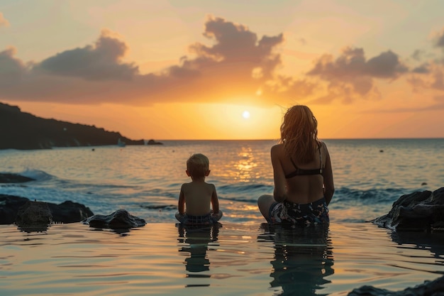 Foto caminhando ao sol, mãe e filho desfrutando do pôr-do-sol em la maceta el hierro, ilhas canárias
