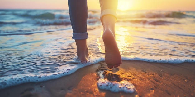 Caminhando descalço na praia ao pôr-do-sol sentindo-se livre