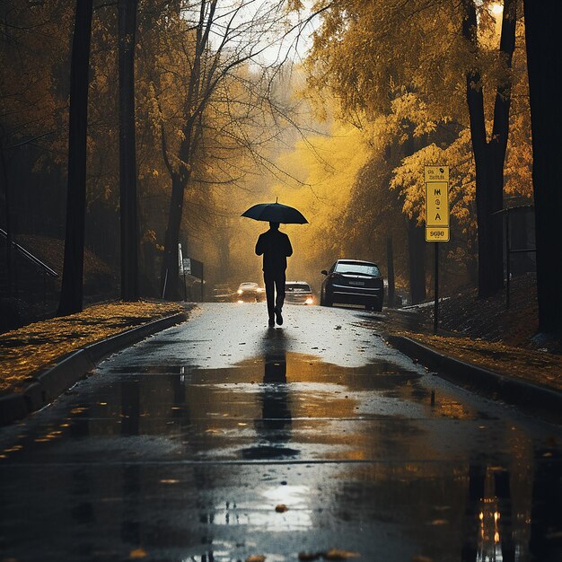Caminhando na chuva Homem com guarda-chuva na estrada molhada