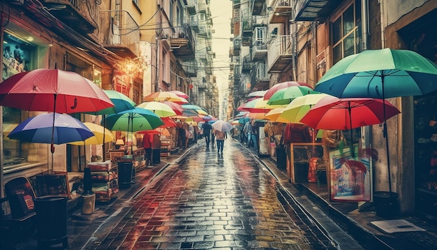 Caminhando na vida noturna da cidade de chuva iluminada gerada por IA