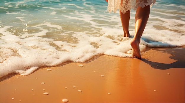 Caminhando nas férias de verão na praia Linda praia clara e conceito de vibrações tropicais do mar azul
