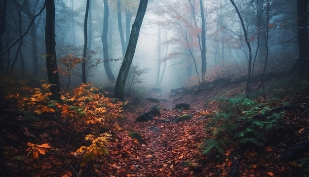 Caminhando pela assustadora trilha da floresta de outono gerada pela IA