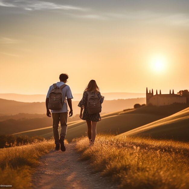 Caminhando pela paisagem italiana da Toscana como um casal em uma caminhada Ai generative