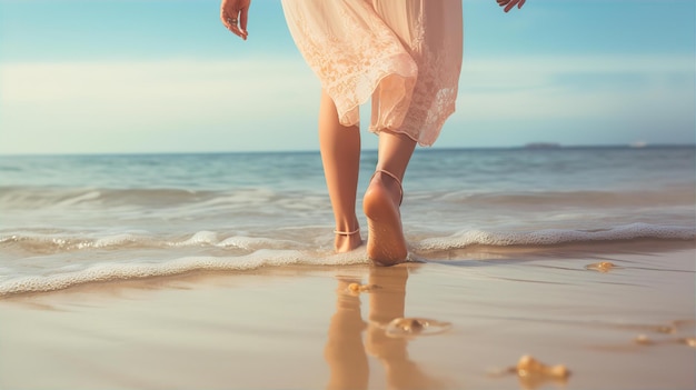 Caminhando pelas férias de verão do litoral na praia Praia clara com lindo mar azul e céu