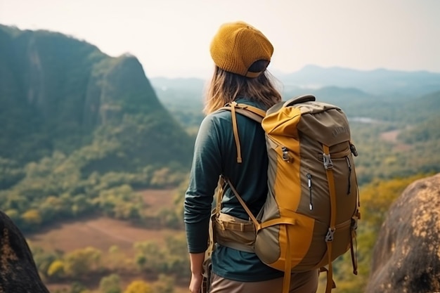 Caminhante asiático mochileiro mulher caminhando para o topo da montanha