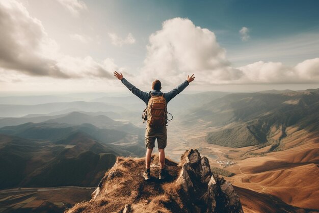 Foto caminhante com mochila levantando os braços no topo da montanha homem bem sucedido celebrando a vitória