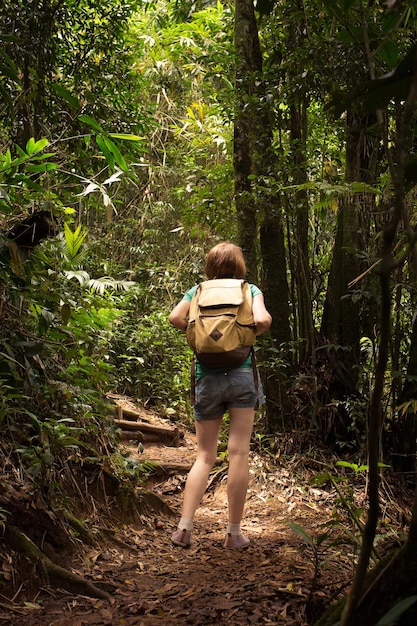 Caminhante com mochila na floresta na selva