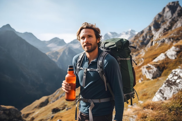 Caminhante de aventura em trilha de montanha com mochila e garrafa de água