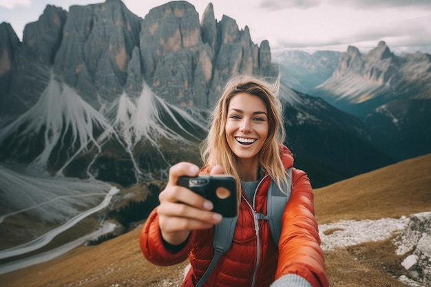 Caminhante de mulher viajando em um belo destino nas montanhas feito com tecnologia Generative AI