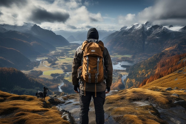 Caminhante de serenidade no cume em expedição de montanha apreciando a vista panorâmica por trás