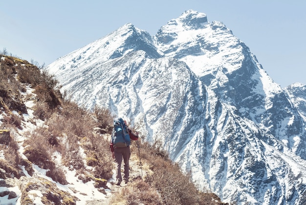 Caminhante na montanha do himalaia. nepal