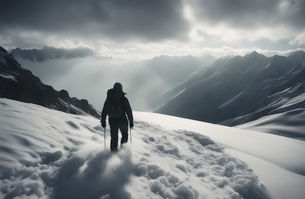 Caminhante nas montanhas com sapatilhas de neve e mochilas geradas por IA