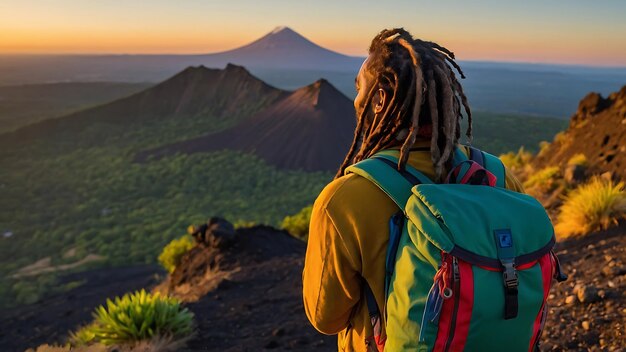 Caminhante sentado no topo do vulcão Mount Bromo ao nascer do sol