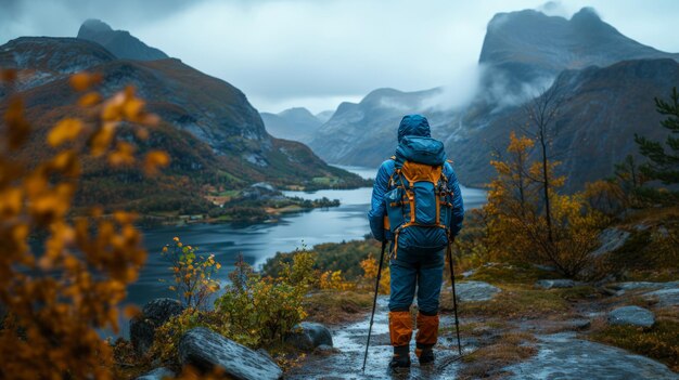 Caminhante Solo com vista para o Lago Misty Mountain no outono