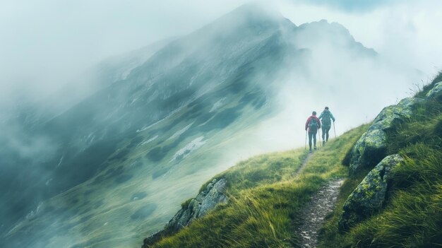 Caminhantes aventureiros percorrendo trilhas montanhosas nebulosas explorando a natureza