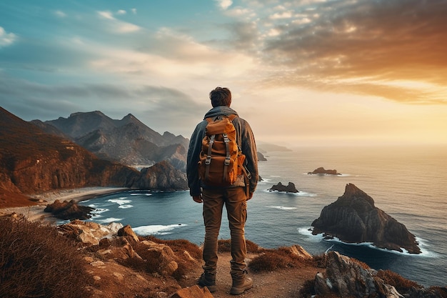 Caminhantes carregados de mochilas usam câmeras para capturar a paisagem IA generativa