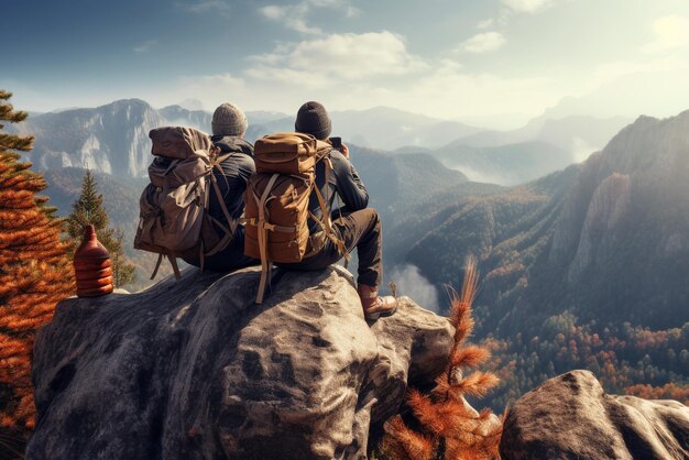 Caminhantes com mochilas segurando binóculos sentados no topo da montanha rochosa