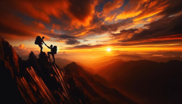 Caminhantes em silhueta dão as mãos um ao outro em uma encosta íngreme da montanha, com o fundo de um dramático pôr-do-sol