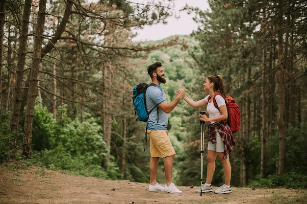 Caminhantes jovens ativos, tendo o resto na montanha