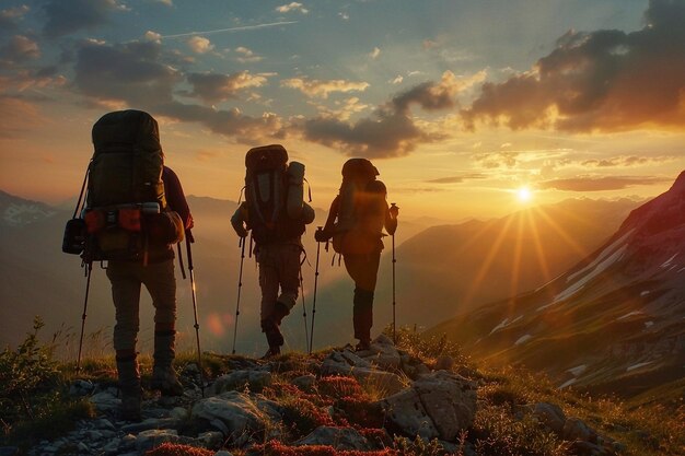 Caminhantes nas montanhas ao pôr-do-sol Trekking nas montanhas