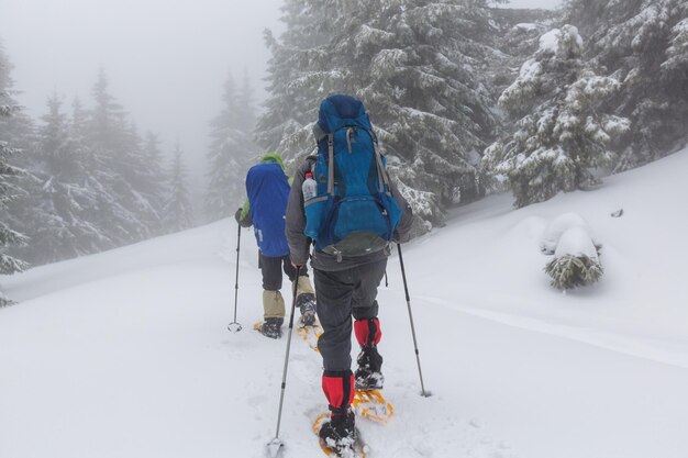 Caminhantes nas montanhas de inverno