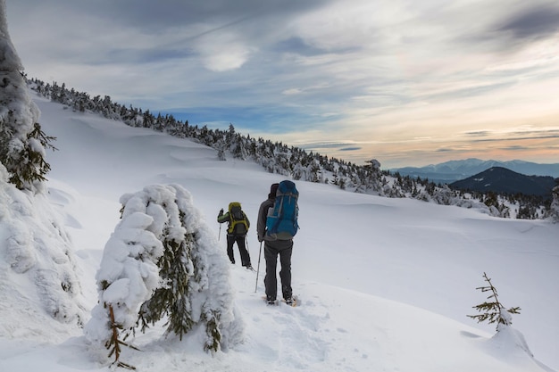 Caminhantes nas montanhas de inverno