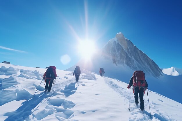 Caminhantes nas montanhas em um fundo de neve e céu azul claro