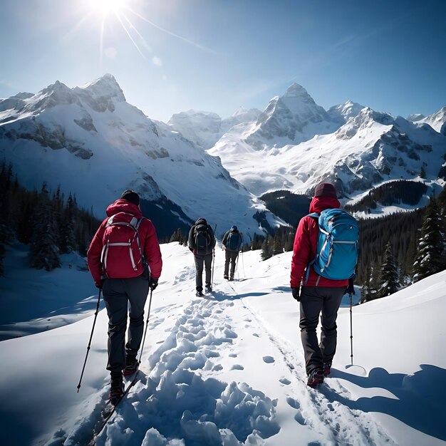 Caminhantes no topo de uma montanha com raquetes de neve