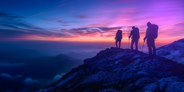 Foto caminhantes triunfantes de pé no pico da montanha ao pôr do sol com uma vista deslumbrante conceito caminhadas aventura pico da montanha pôr do sol triunfo vista deslumbrante