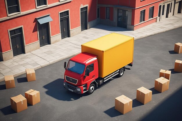 Caminhão amarelo para uma mudança rápida para o escritório ou para casa com caixas de papelão e uma geotag vermelha conceito de logística urbana renderização 3d