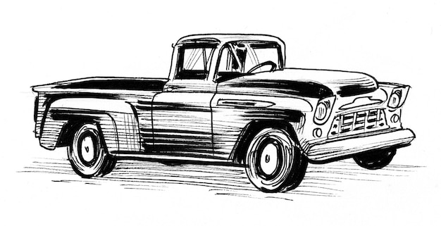 Caminhão americano antigo. desenho de tinta preto e branco