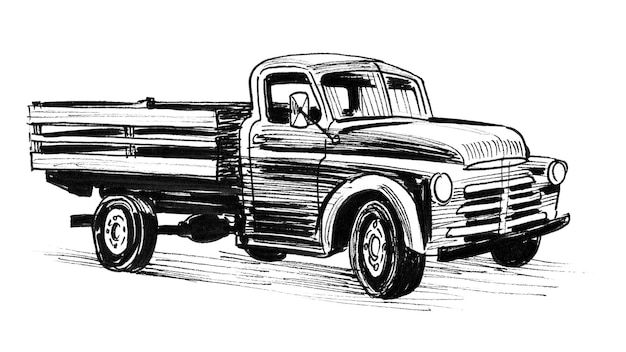 Caminhão americano antigo. Desenho de tinta preto e branco
