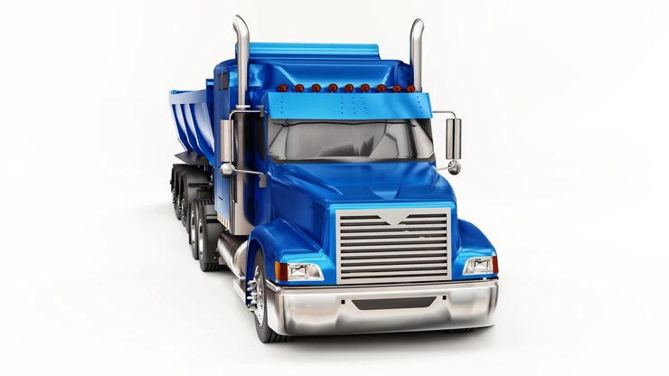 Foto caminhão americano azul grande com caminhão basculante tipo reboque para o transporte de carga a granel em um fundo branco. ilustração 3d.