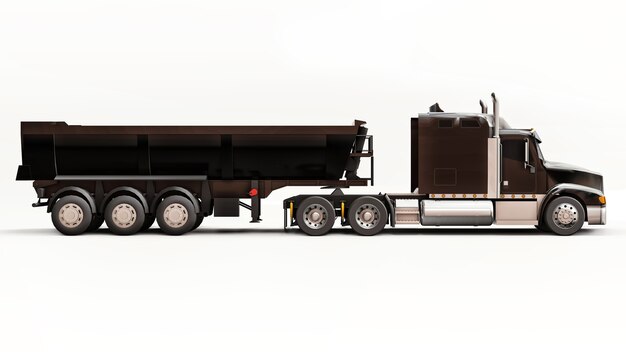 Foto caminhão americano preto grande com caminhão basculante tipo reboque para transporte de carga a granel em um fundo branco. ilustração 3d.