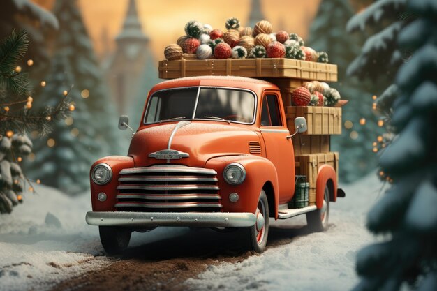 Caminhão antigo com árvore de natal conceito de feliz natal