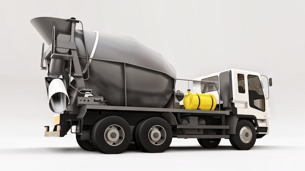 Foto caminhão betoneira com cabine branca e misturador cinza em fundo branco. ilustração tridimensional de equipamentos de construção. renderização 3d.