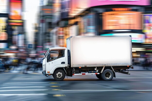 Caminhão branco de entrega rápida viajando pelas ruas da cidade