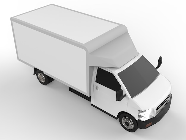 Caminhão branco pequeno. Serviço de entrega de automóveis. Entrega de mercadorias e produtos em pontos de venda. Renderização 3D.