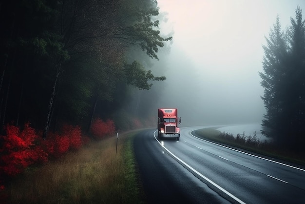 Caminhão com contêiner no conceito de transporte de carga rodoviária enevoada generativa ai