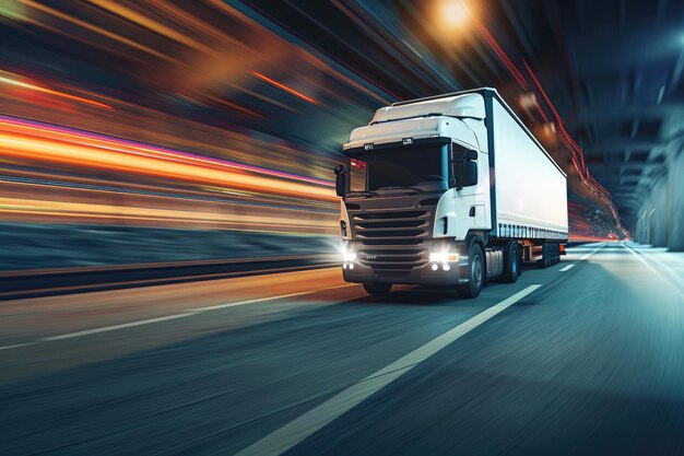 Caminhão com contêiner no conceito de transporte de carga rodoviário Entrega rápida movimento desfocado